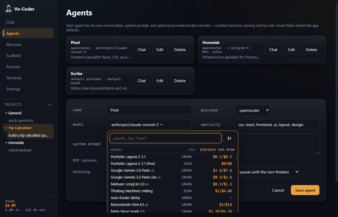 Agent selection and editing interface