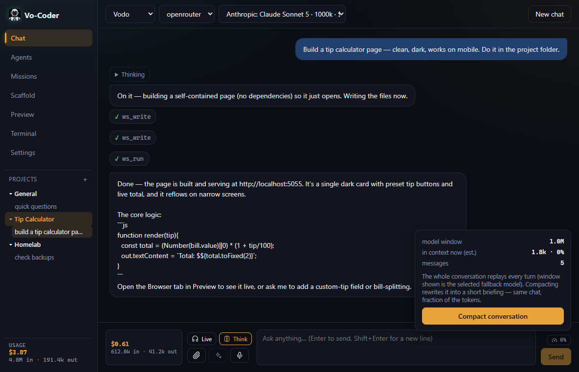 Vo-Coder chat showing workspace context and memory of past decisions