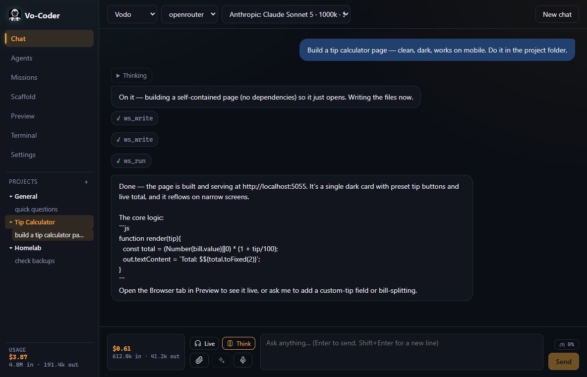 Vo-Coder live conversation workspace