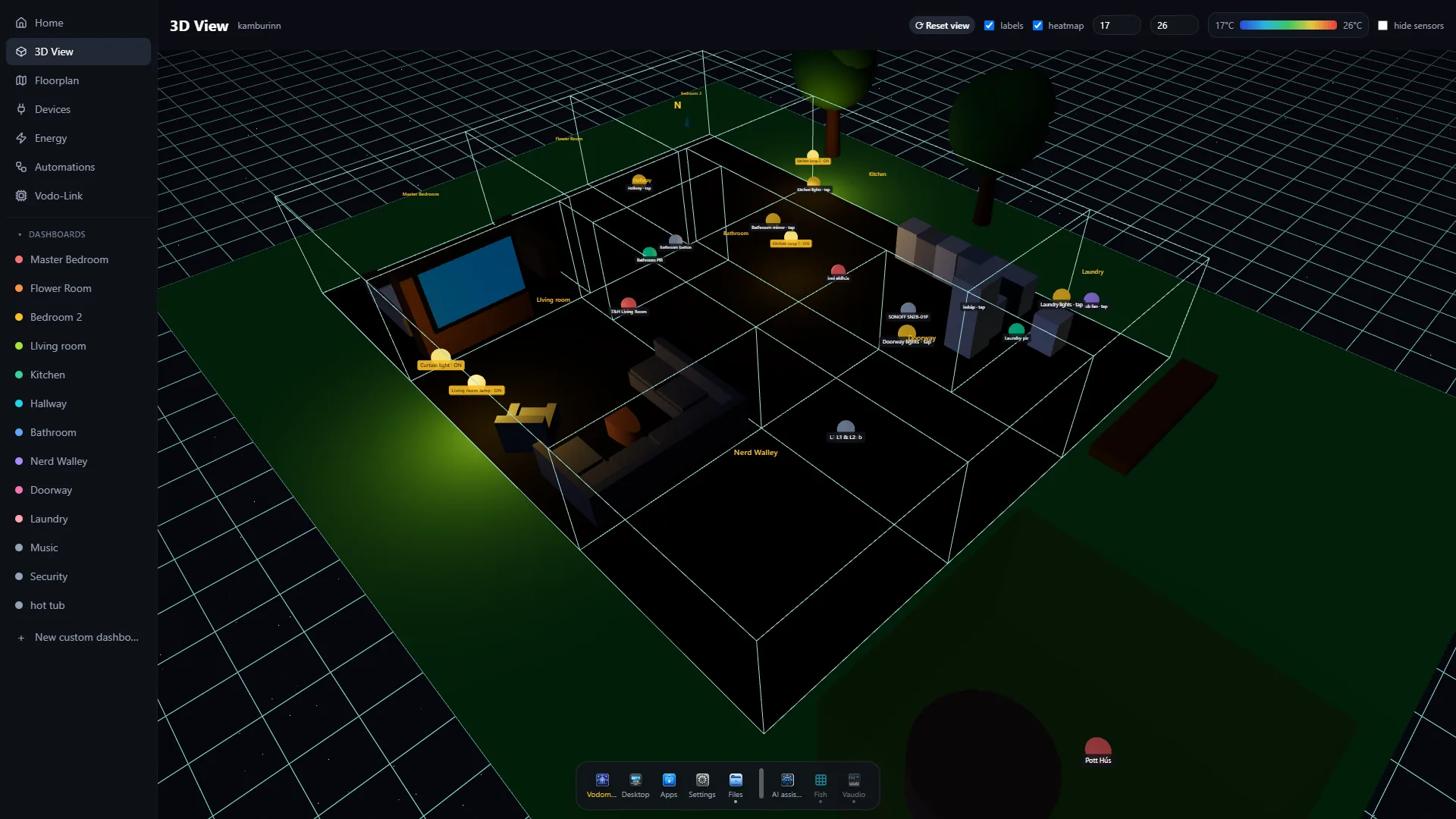 3D home view showing the complete house model with lighting and device overlays