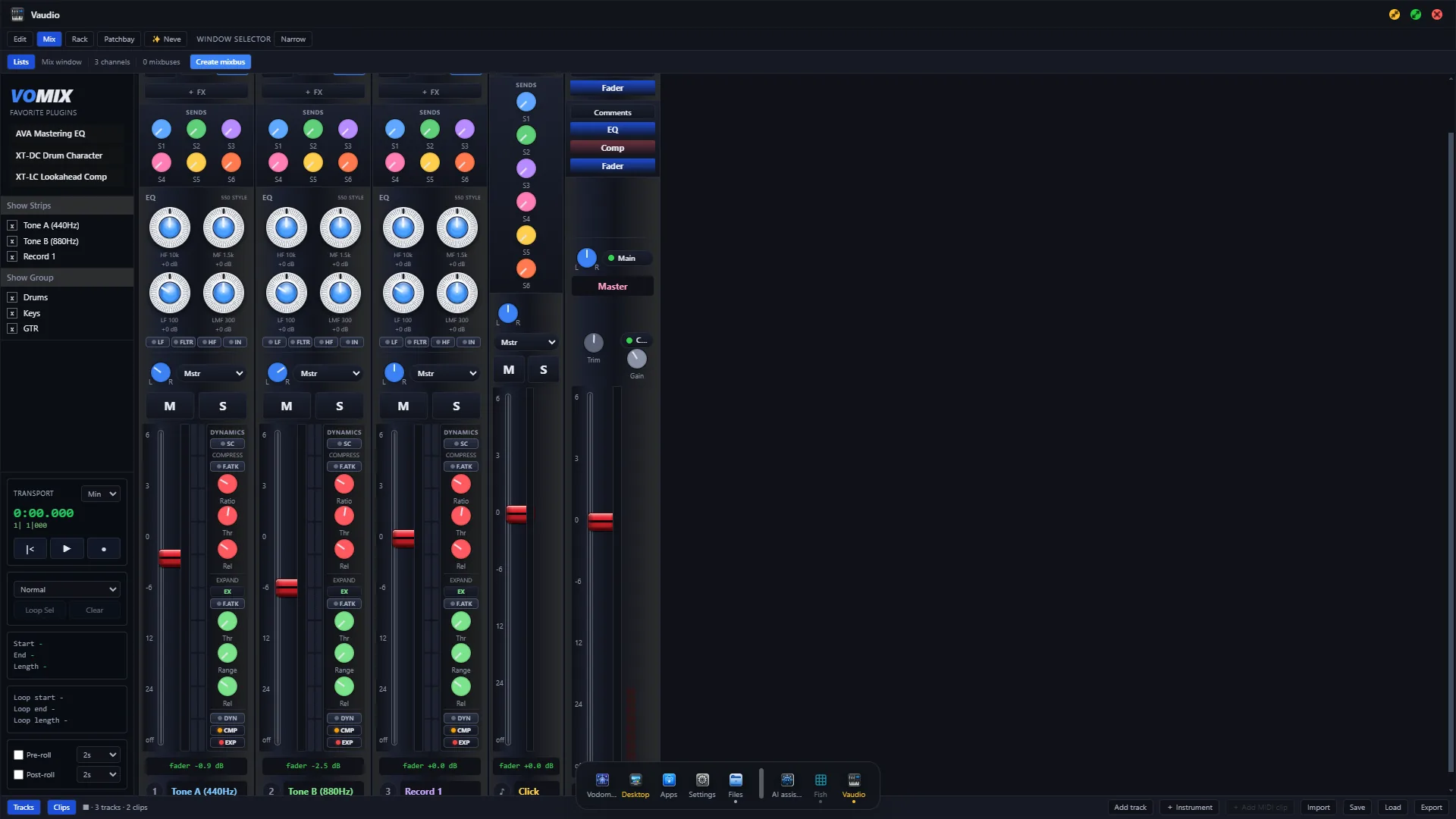 Vaudio digital audio workstation showing timeline, mixer and routing view