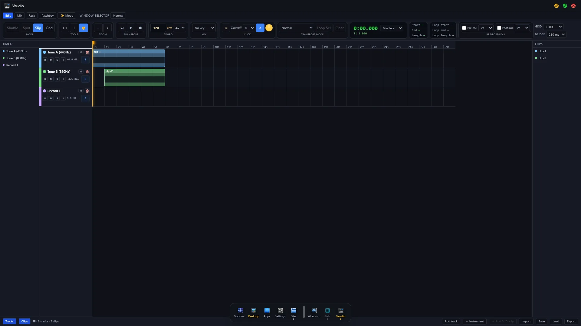 Vaudio with the AI assistant in the dock — where Vo-Coder builds plugins on request