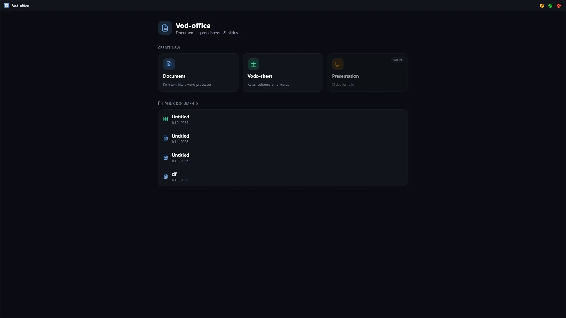 Vod-office productivity suite with document, spreadsheet and presentation apps