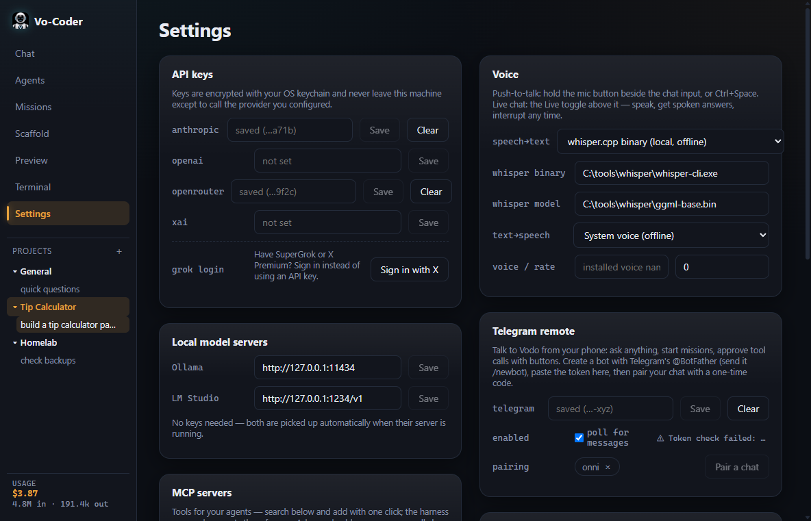 Settings panel for Vo-Coder configuration