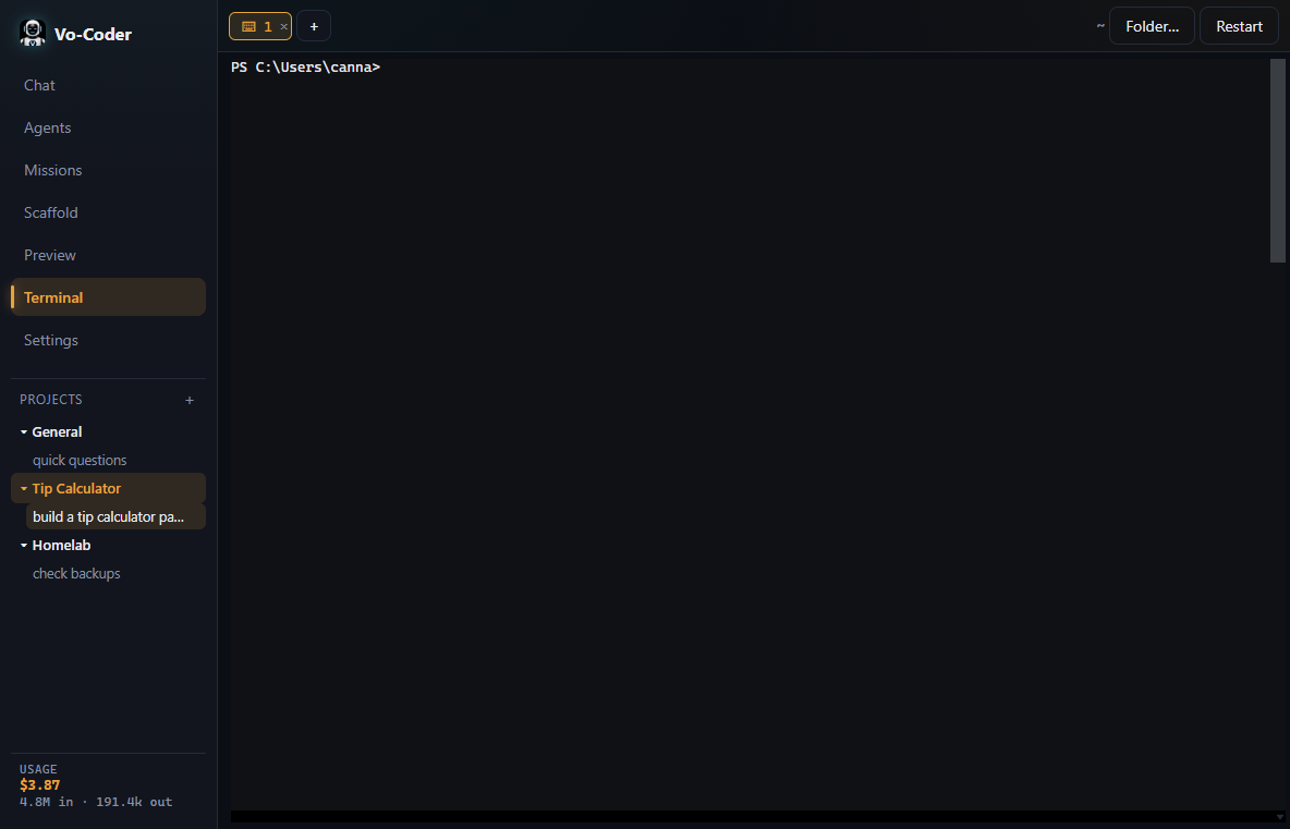 Integrated terminal view inside Vo-Coder