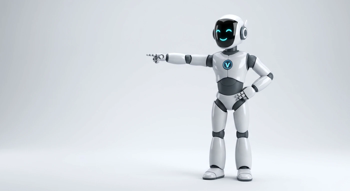 Vodomation mascot pointing toward the Vo-Coder workspace