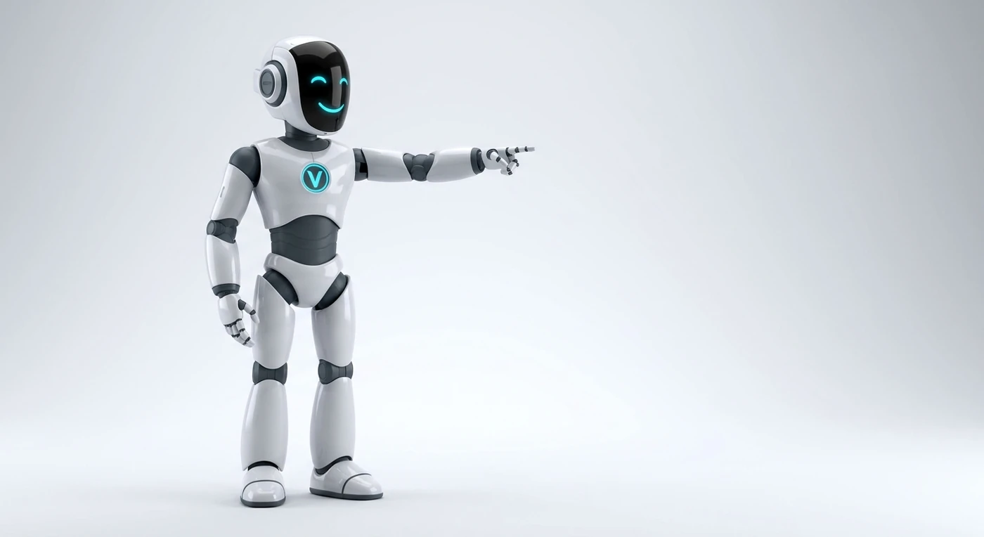 Vodomation mascot pointing back toward Vodomation OS